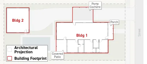 Diagram shows Building 1 and Building 2 with a covered patio, porch, and porte cochère included in the outlined Building Footprint.