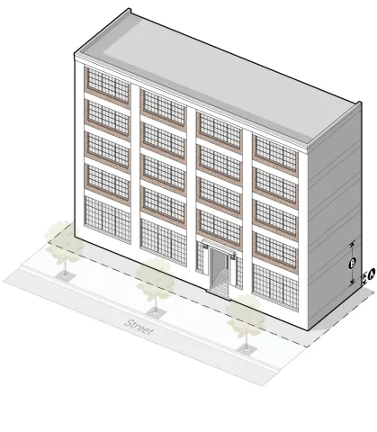 Diagram shows a multi-story building fronting a street, illustrating minimum/maximum ground floor elevation and minimum ground story height, as described in the table below.