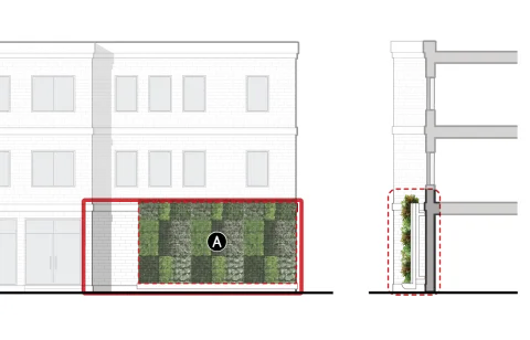 Diagram shows a section cut of a Living Wall, a fixed assembly of plants, growing medium, and irrigation covering a ground-story inactive wall. Illustrating the minimum percentage of ground story facade with inactive wall, as described in the table below.