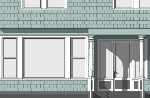 Graphic showing a close-up of a facade of overlapping square-patterned shingle siding, illustrating dimensional standards for shingle siding, as described in the table below.